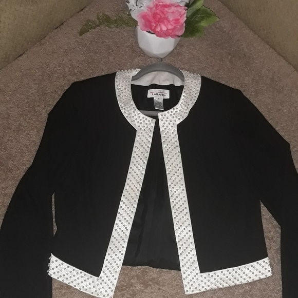 Talbots (Size 8) Black & Pearl Trim Interior Lined Open Front LS Cardigan Jacket - Picture 1 of 8